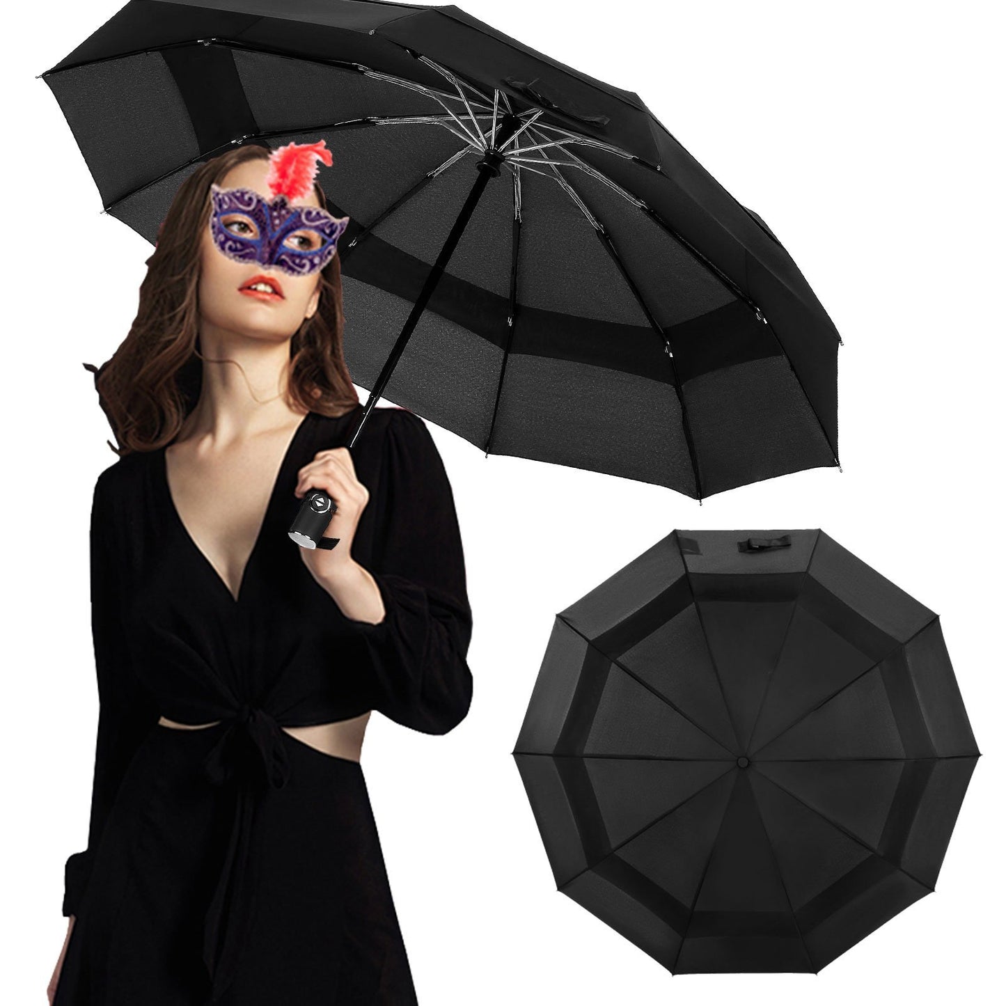 Umbrella Windproof Travel Umbrella, Compact Folding Umbrella, Vented Double Canopy Auto Open Close 10 rib - Black