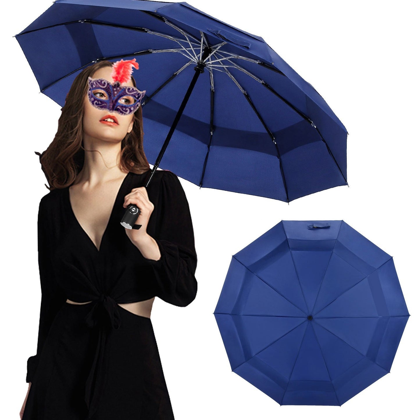 Umbrella Windproof Travel Umbrella, Vented Folding Umbrella, Compact Double Canopy Auto Open Close 10 ribs - Navy Blue