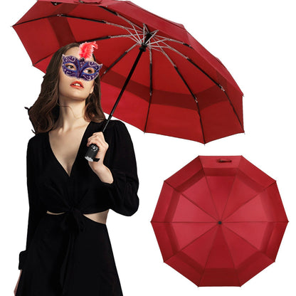 Umbrella Windproof Travel Umbrella, Compact Umbrella Vented Double Canopy Auto Open Close 10 ribs - Burgundy