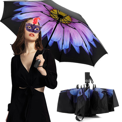 LANBRELLA Umbrella Inverted Travel Umbrellas Windproof Compact Folding - Blue Flower