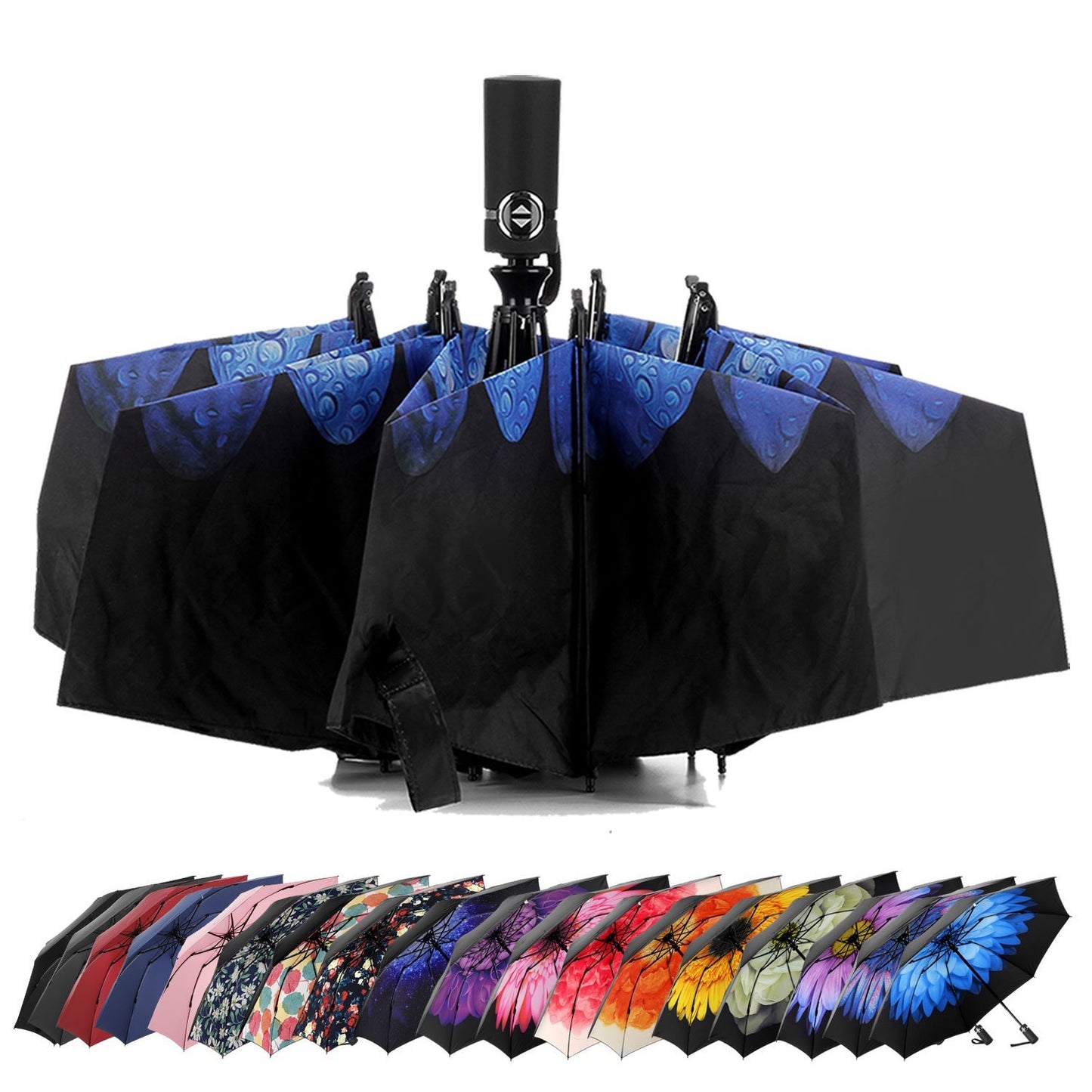 LANBRELLA Umbrella Inverted Travel Umbrellas Windproof Compact Folding - Blue Flower