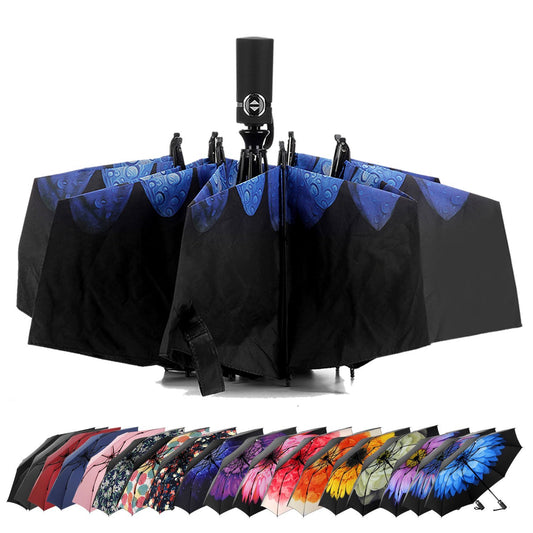 LANBRELLA Umbrella Inverted Travel Umbrellas Windproof Compact Folding - Blue Flower