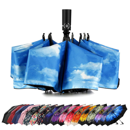 LANBRELLA Umbrella Reverse Travel Umbrellas Windproof Compact Folding - Blue Sky Clouds