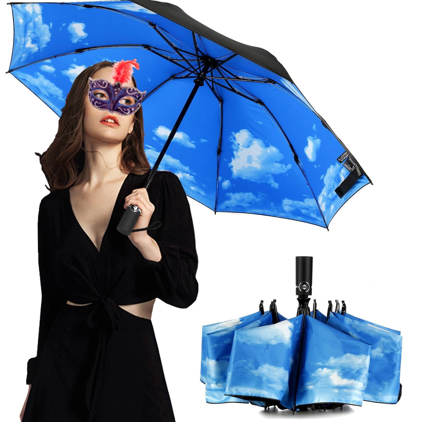 LANBRELLA Umbrella Reverse Travel Umbrellas Windproof Compact Folding - Blue Sky Clouds