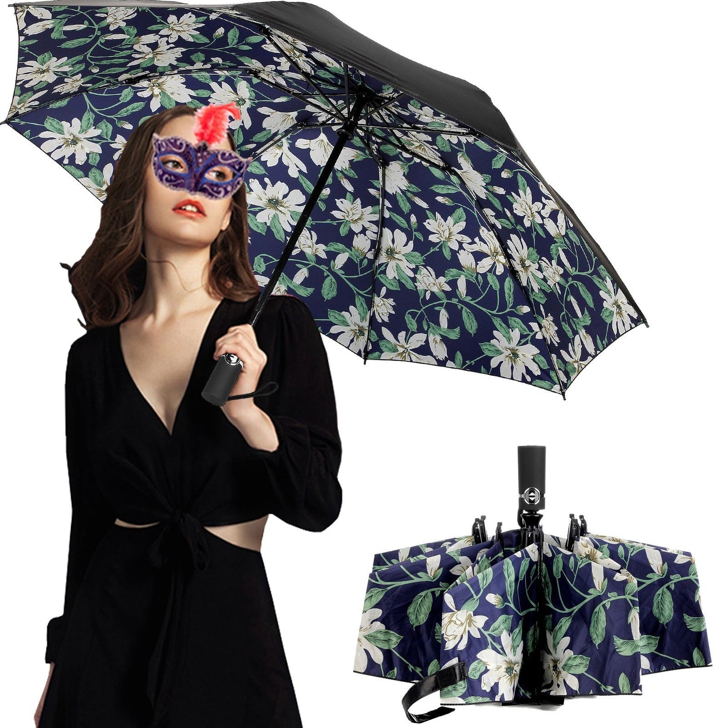 LANBRELLA Umbrella Inverted Travel Umbrellas Windproof Compact Folding - Lily