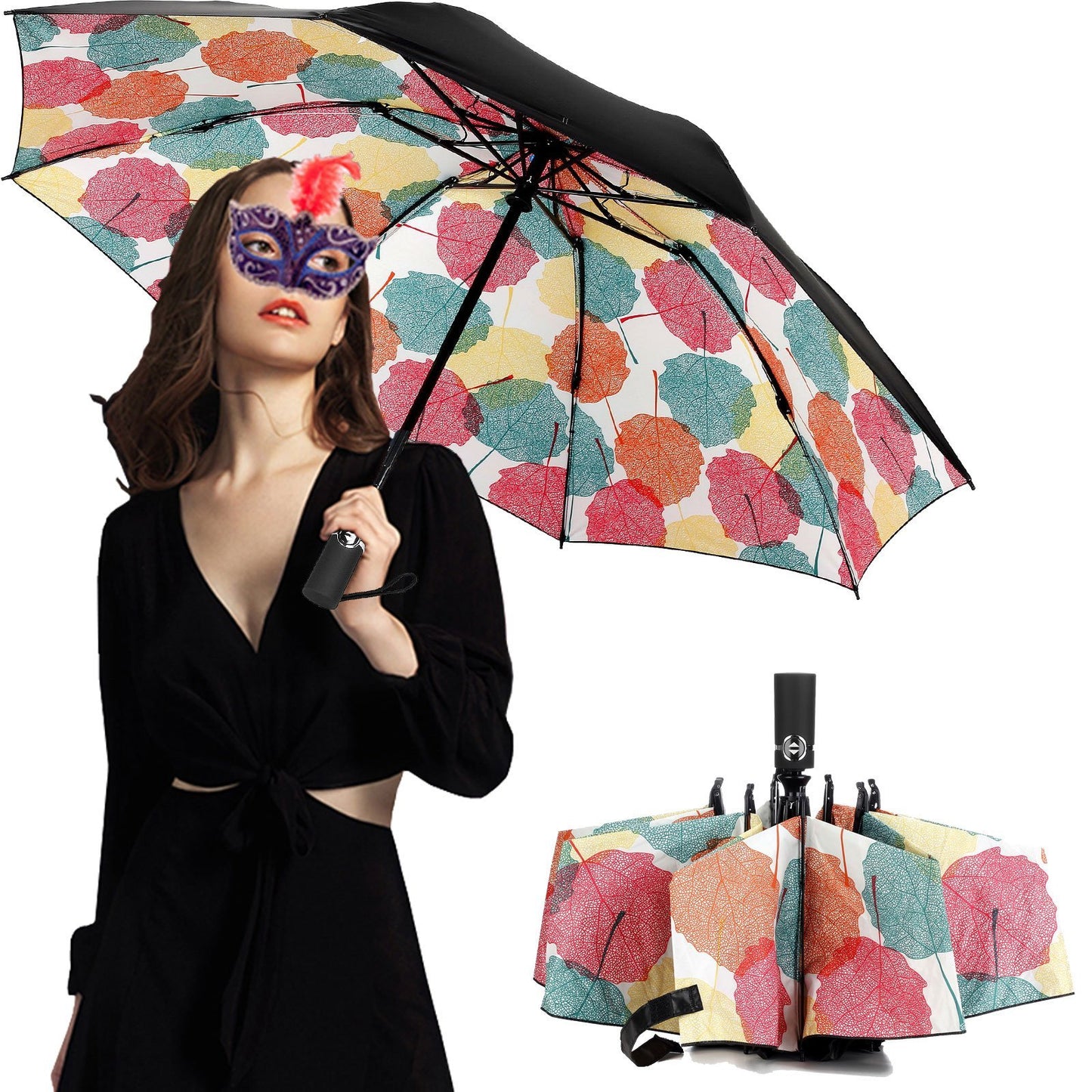 LANBRELLA Umbrella Reverse Travel Umbrellas Windproof Compact Folding - Maple Leaf