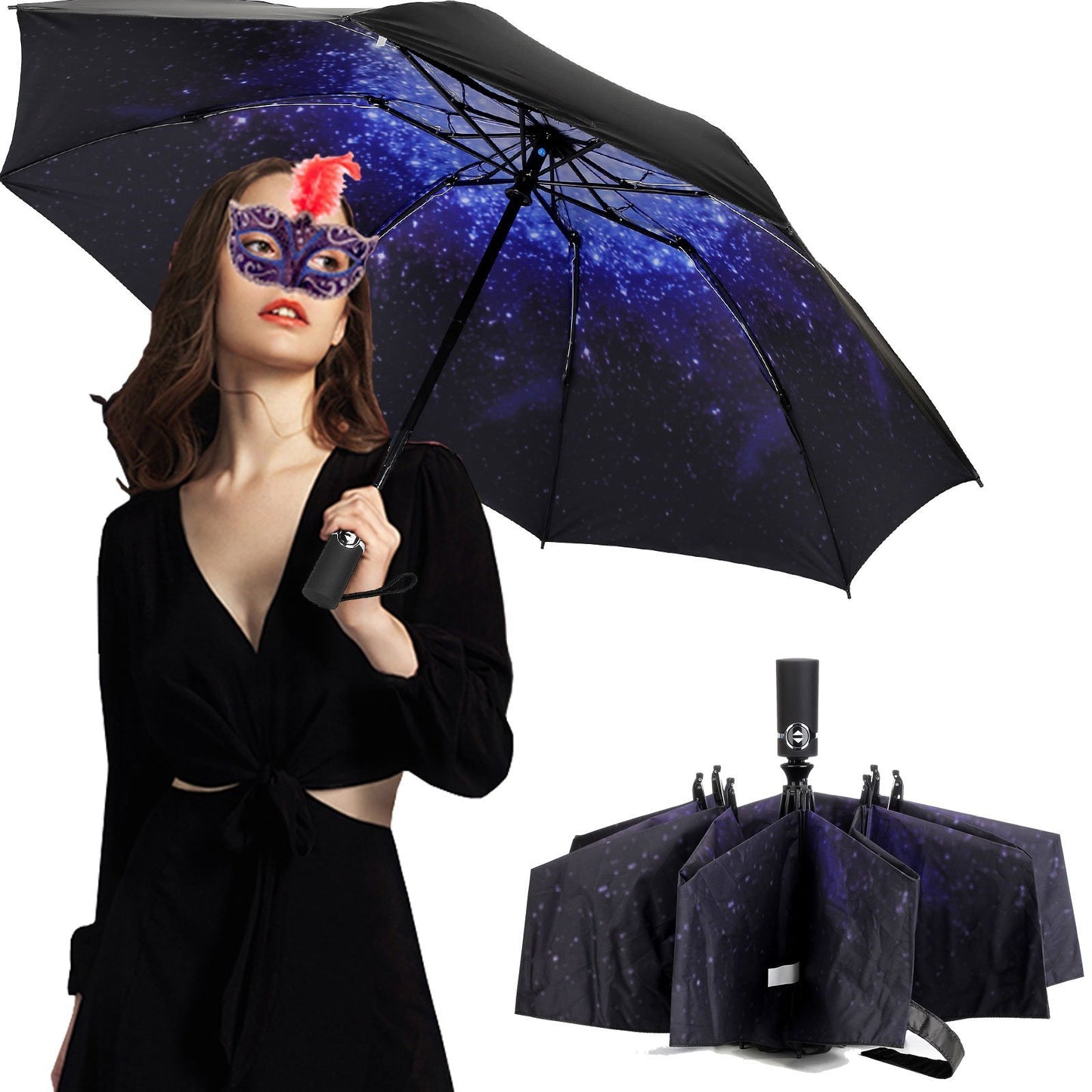 LANBRELLA Umbrella Reverse Travel Umbrellas Windproof Compact Folding - Starry Sky
