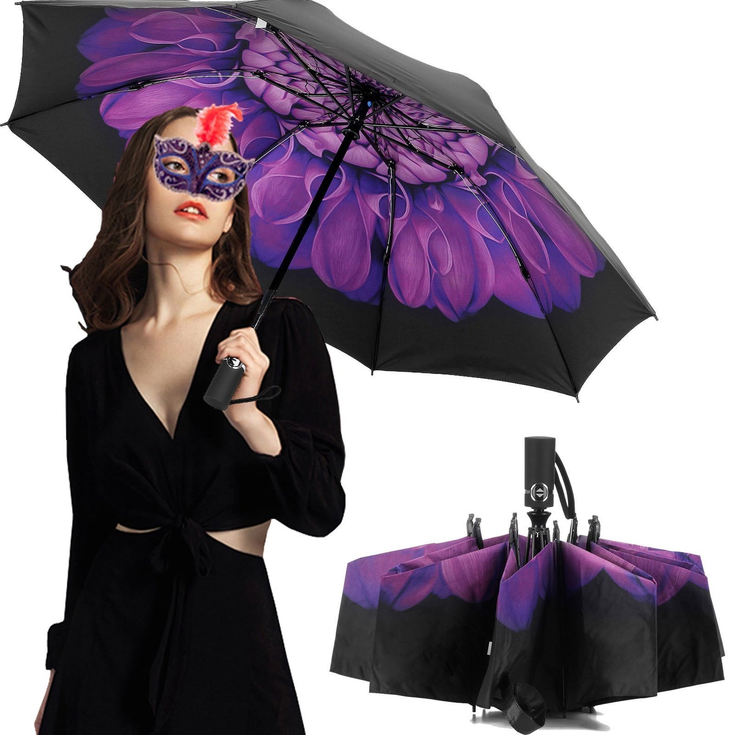 LANBRELLA Umbrella Reverse Travel Umbrellas Windproof Compact Folding - Purple Flower