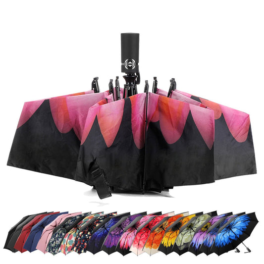 LANBRELLA Umbrella Inverted Travel Umbrellas Windproof Compact Folding - Pink Flower