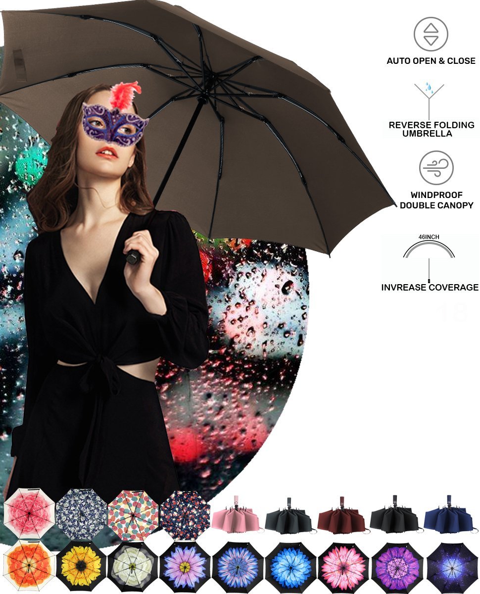 Umbrella Inverted Travel Umbrella Windproof Compact Folding - Brown