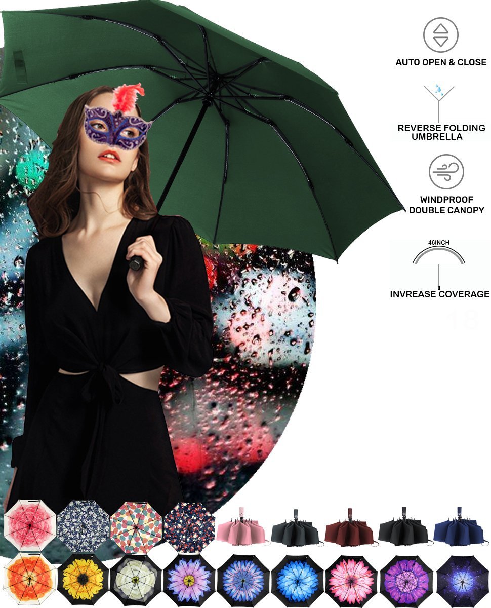 Umbrella Reverse Umbrella Windproof Compact Folding Large Size Auto open close 10 ribs - Dark Green