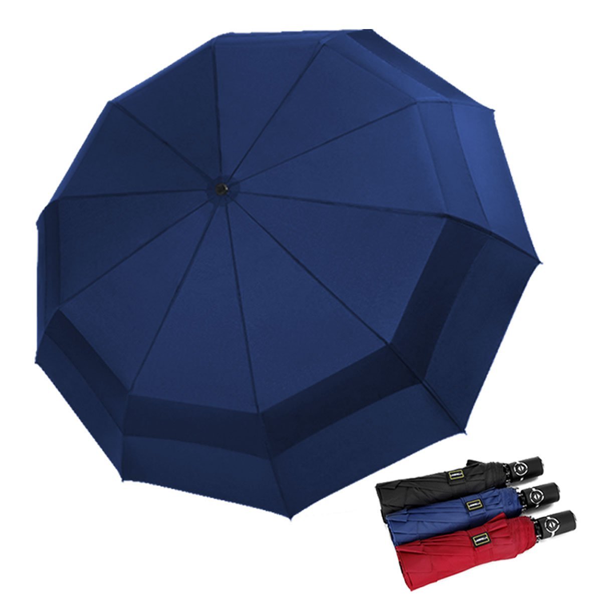 Umbrella Windproof Travel Umbrella, Vented Folding Umbrella, Compact Double Canopy Auto Open Close 10 ribs - Navy Blue