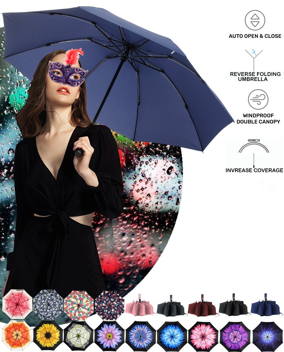 Umbrella Large Size Reverse Compact Umbrella Windproof Folding Umbrella Auto open close 10 ribs - Navy Blue