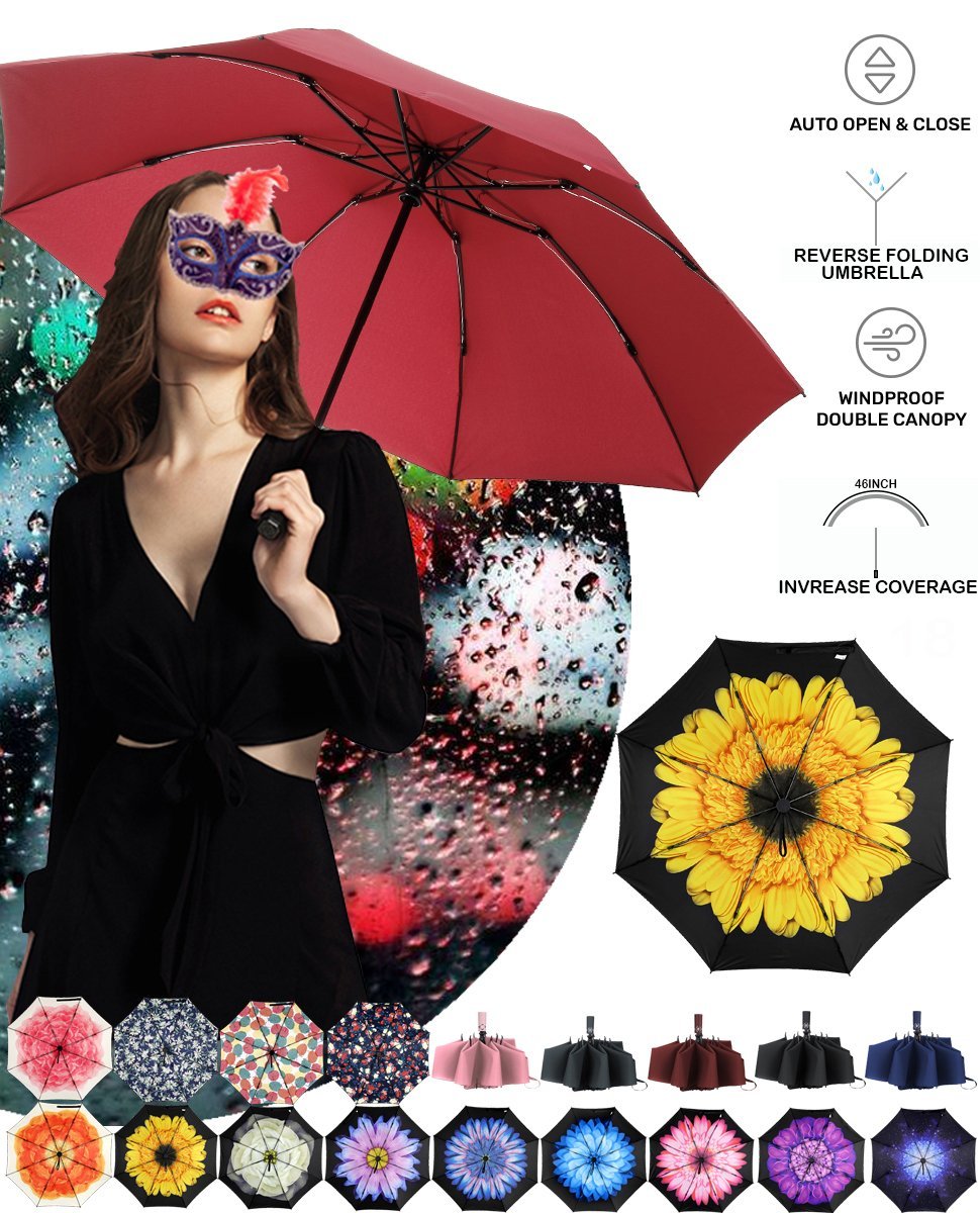Umbrella Reverse Umbrella Windproof Compact Folding Large Size Auto open close 10 ribs - Burgundy