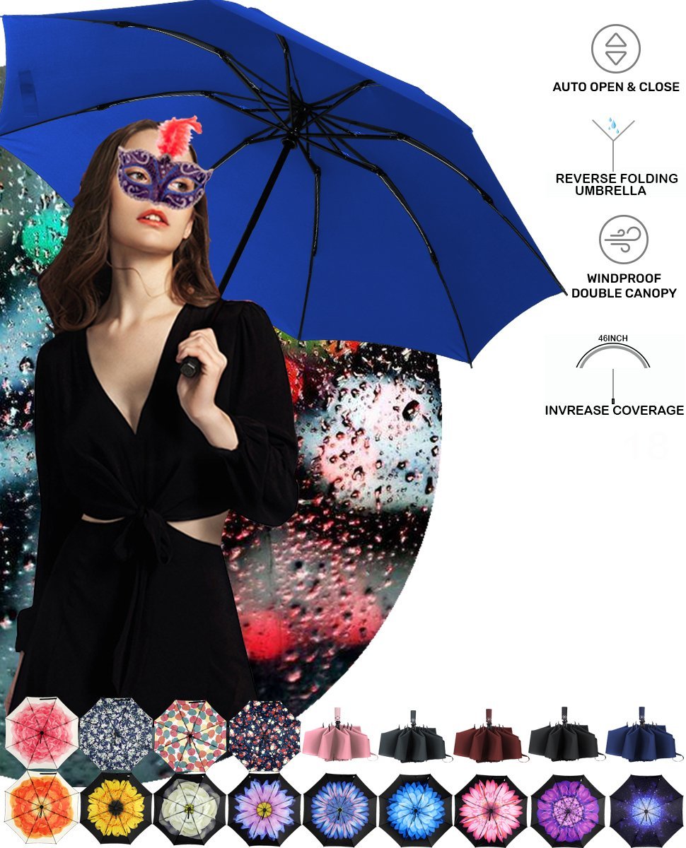 Umbrella Large Inverted Folding Umbrellas Windproof Compact Folding Auto open close 10 ribs - Blue