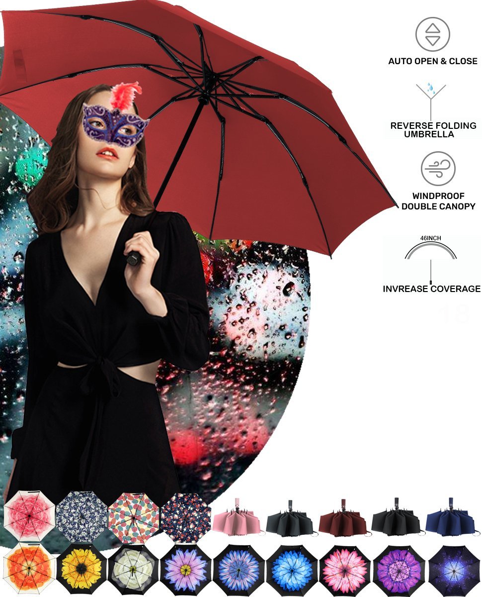 Umbrella Reverse Umbrella Windproof Compact Folding Large Size Auto open close 10 ribs - Red