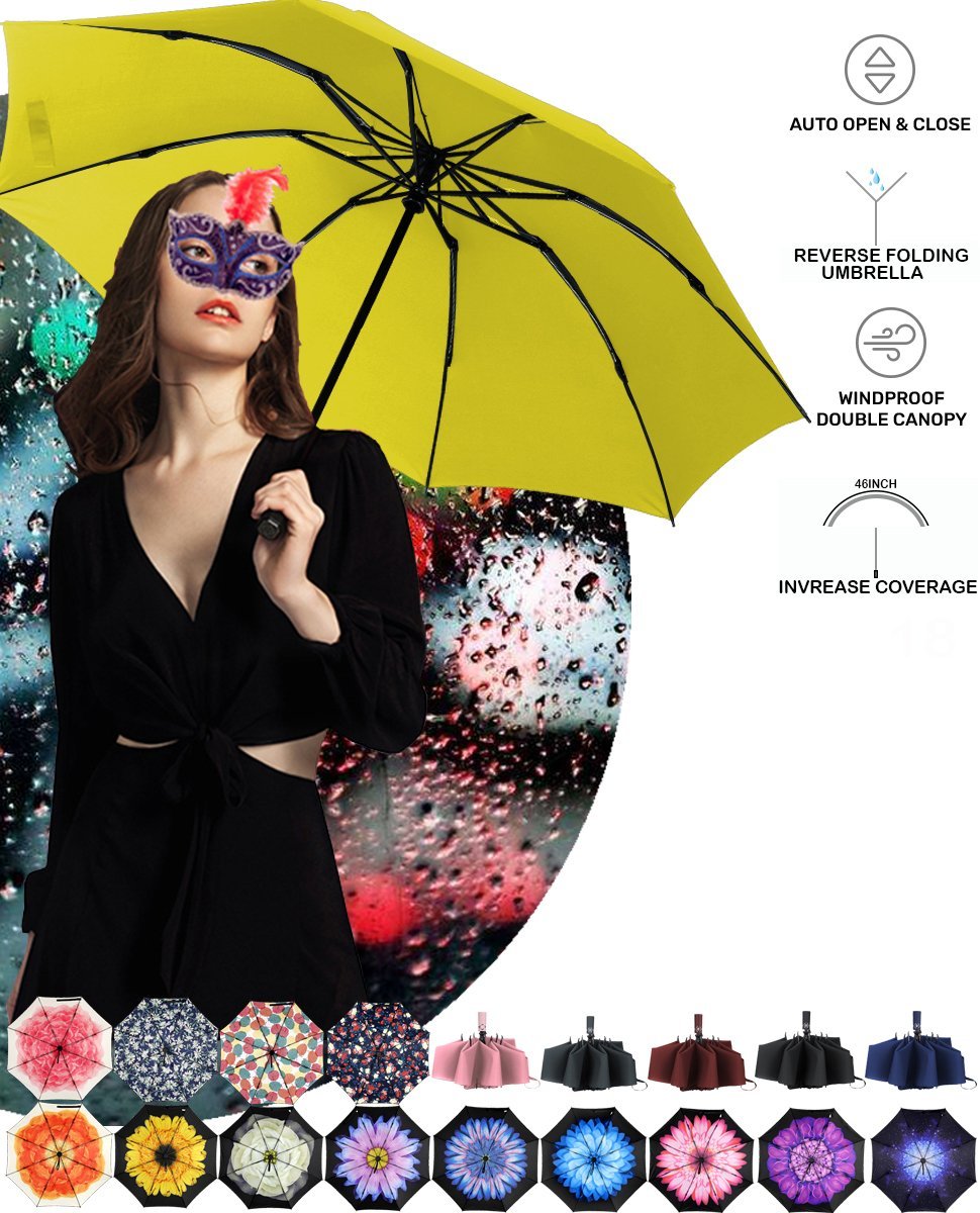 Umbrella Large Inverted Folding Umbrellas Windproof Compact Folding Auto open close 10 ribs - Yellow