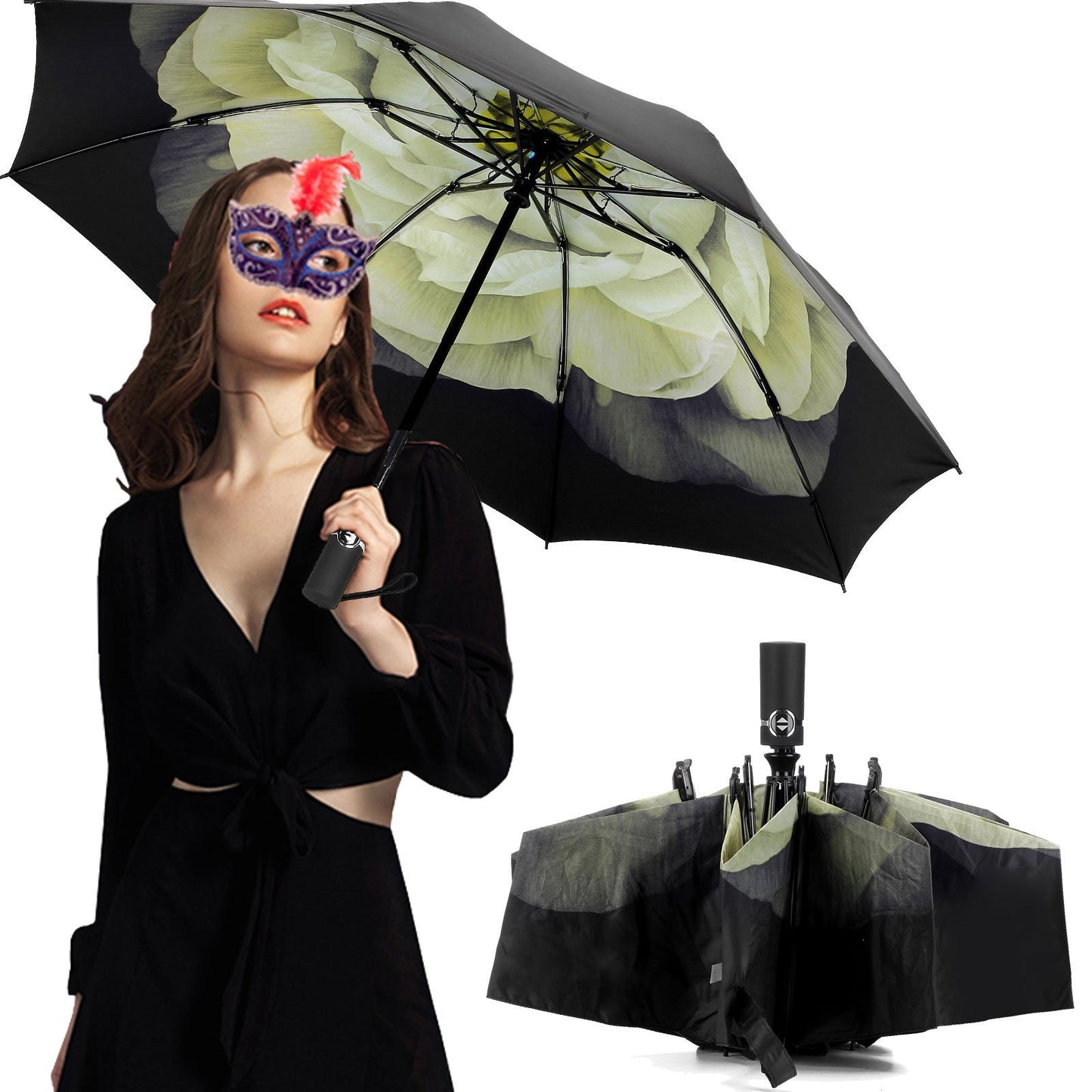 LANBRELLA Umbrella Inverted Travel Umbrellas Windproof Compact Folding - Gardenia