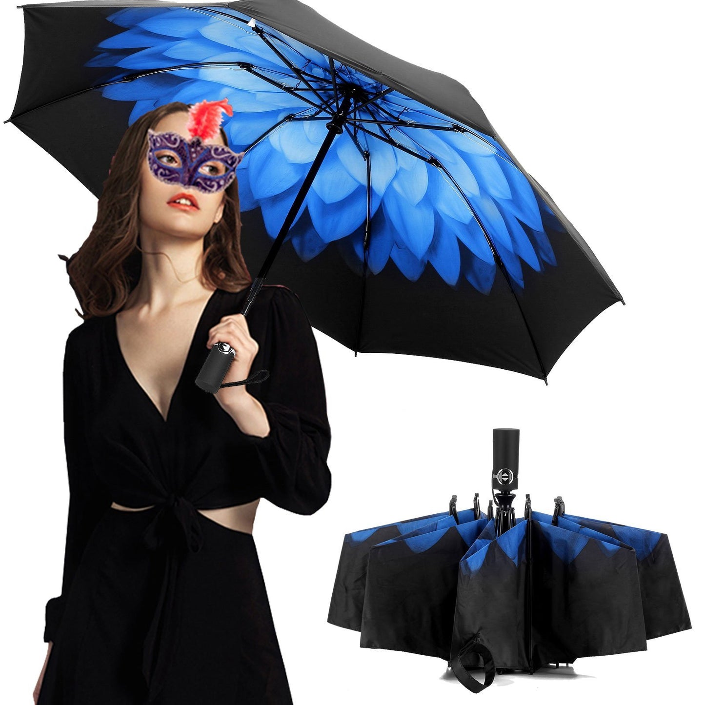 LANBRELLA Umbrella Reverse Travel Umbrellas Windproof Compact Folding - Blue Daisy