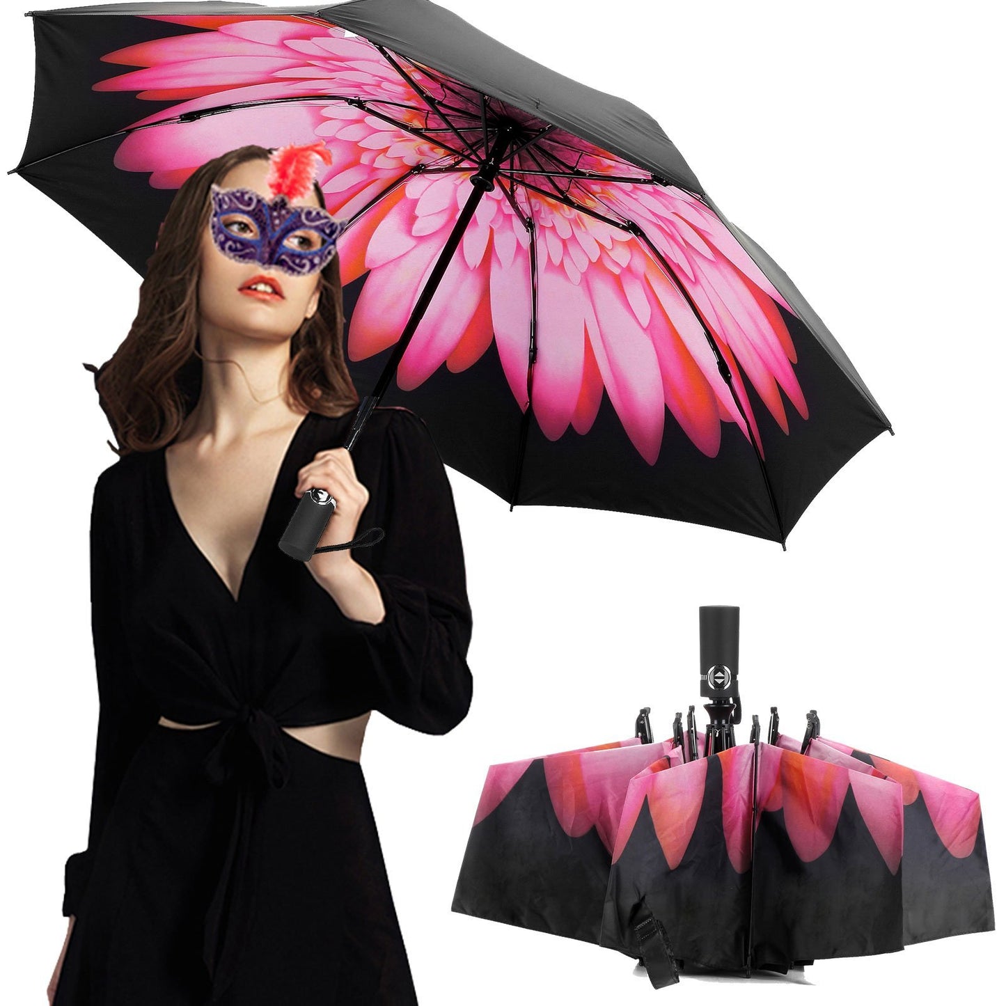 LANBRELLA Umbrella Inverted Travel Umbrellas Windproof Compact Folding - Pink Flower