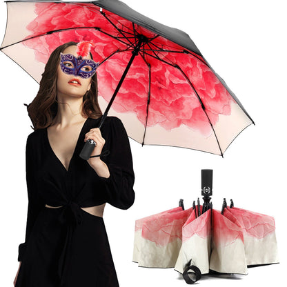 LANBRELLA Umbrella Reverse Travel Umbrellas Windproof Compact Folding - Red Lotus