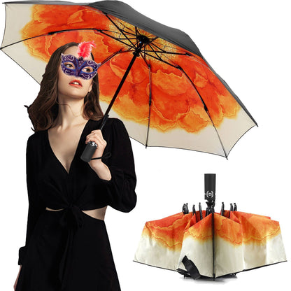 LANBRELLA Umbrella Inverted Travel Umbrellas Windproof Compact Folding - Orange Flower
